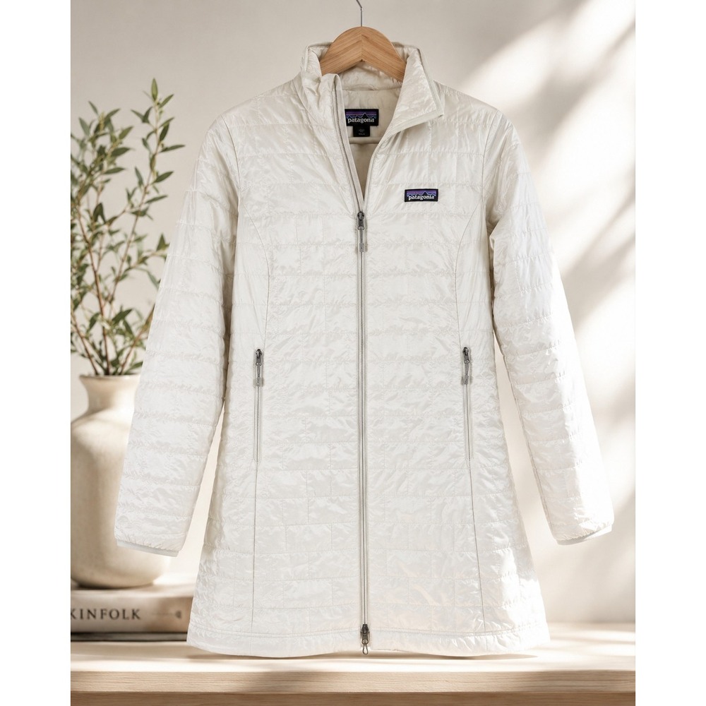 Patagonia Nano Puff Parka Womens M Dyno White Primaloft Insulated Long Coat...